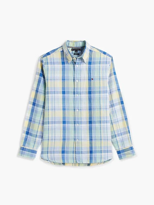 Camisa Regular em Mistura de Linho com Padrão Madras Camisa Regular em Mistura de Linho com Padrão Madras