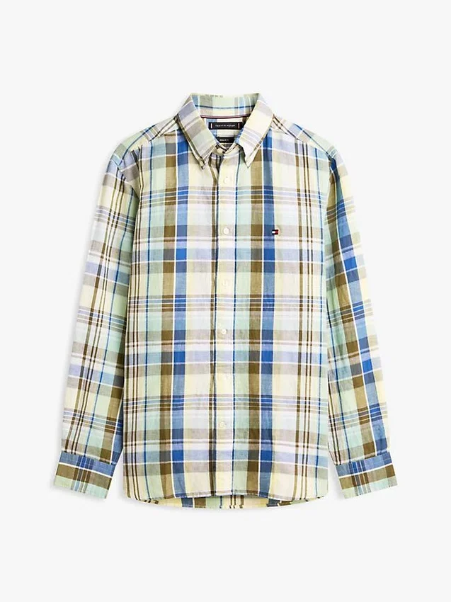 Camisa Regular em Mistura de Linho com Padrão Madras Camisa Regular em Mistura de Linho com Padrão Madras