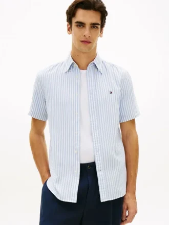 Camisa às riscas em mistura de algodão e linho