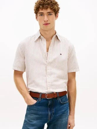 Camisa às riscas em mistura de algodão e linho