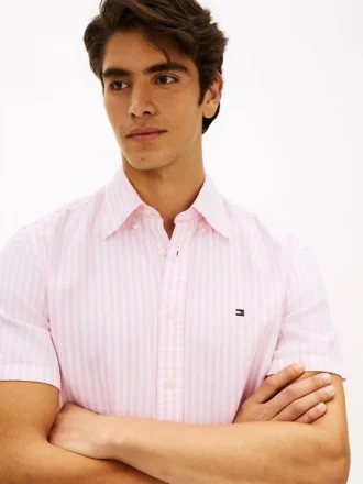 Camisa às riscas em mistura de algodão e linho
