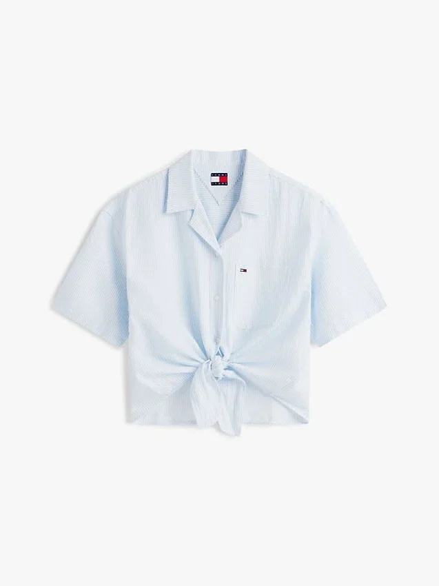 Camisa Tommy Jeans com laço à frente em mistura de linho Camisa Tommy Jeans com laço à frente em mistura de linho
