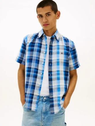 Camisa xadrez em mistura de algodão e linho