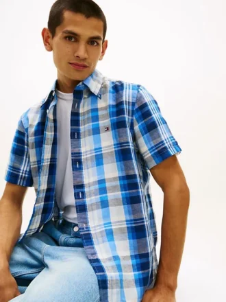 Camisa xadrez em mistura de algodão e linho