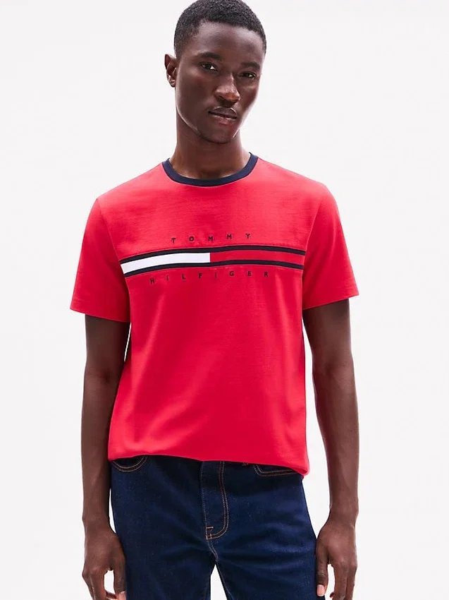 Camiseta com logotipo bordado em listras de bandeira Camiseta com logotipo bordado em listras de bandeira