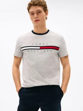 Camiseta com logotipo bordado em listras de bandeira