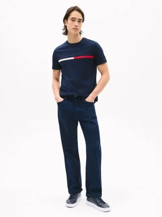 Camiseta com logotipo bordado em listras de bandeira
