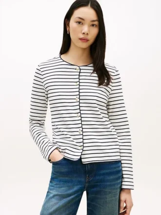 Camisola com botões em malha interlock de algodão às riscas
