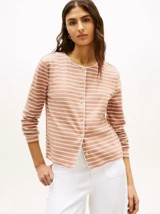 Camisola com botões em malha interlock de algodão às riscas