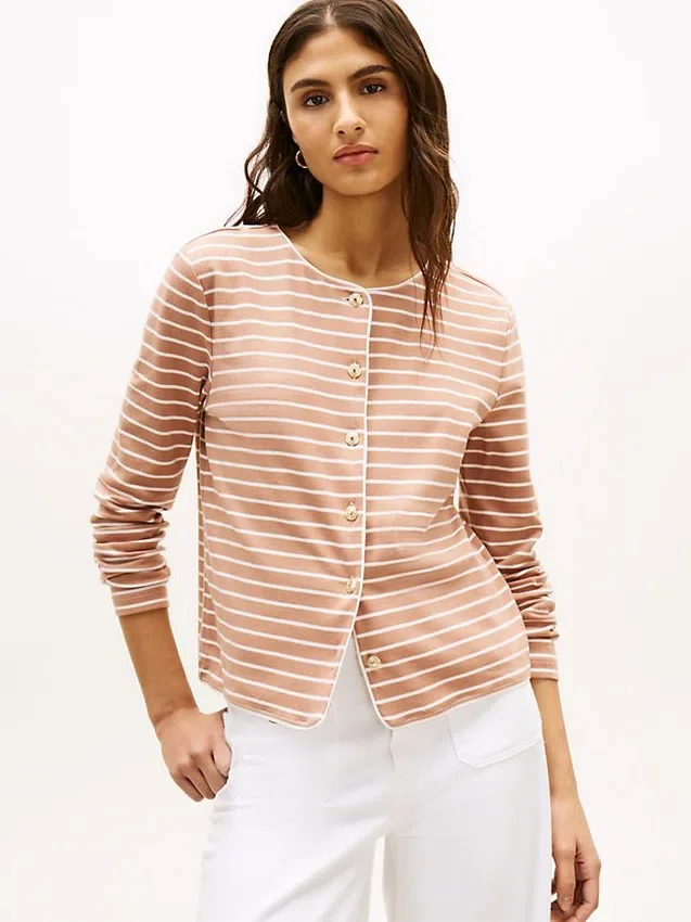 Camisola com botões em malha interlock de algodão às riscas Camisola com botões em malha interlock de algodão às riscas