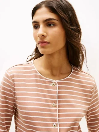 Camisola com botões em malha interlock de algodão às riscas