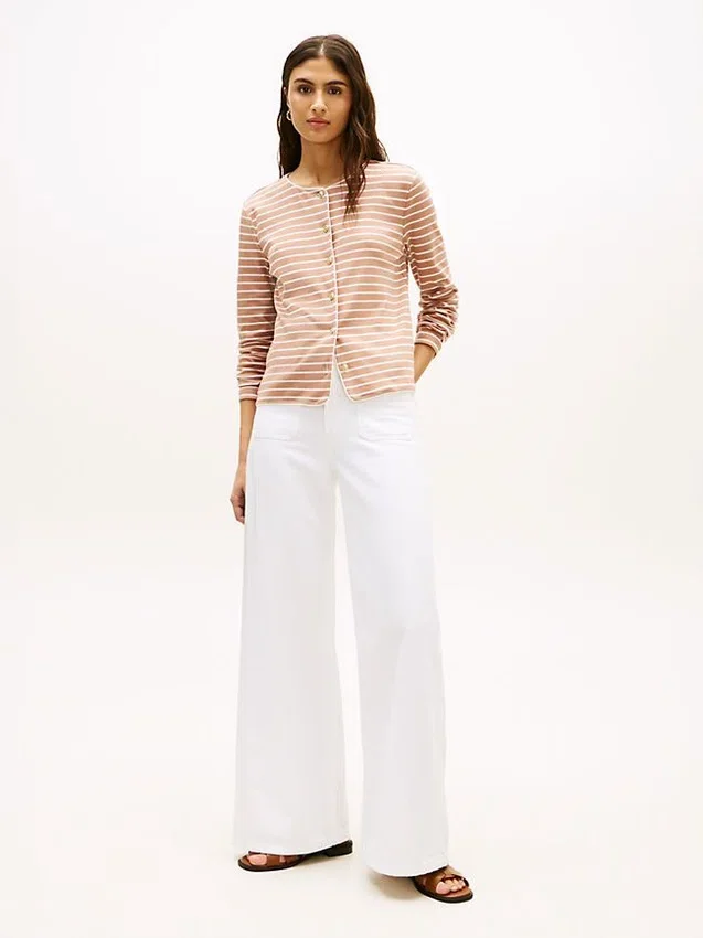 Camisola com botões em malha interlock de algodão às riscas Camisola com botões em malha interlock de algodão às riscas