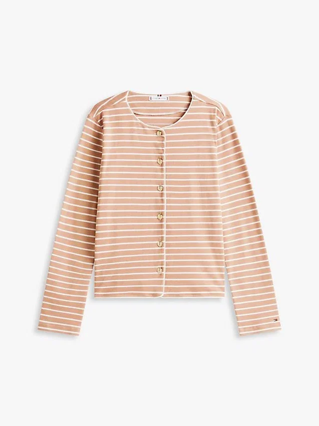 Camisola com botões em malha interlock de algodão às riscas Camisola com botões em malha interlock de algodão às riscas