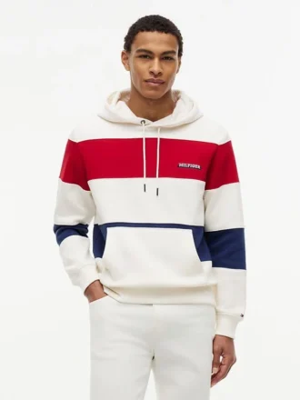Camisola com capuz e riscas tricolores com interior escovado