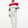 Camisola com capuz e riscas tricolores com interior escovado Camisola com capuz e riscas tricolores com interior escovado
