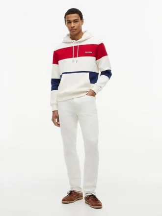 Camisola com capuz e riscas tricolores com interior escovado