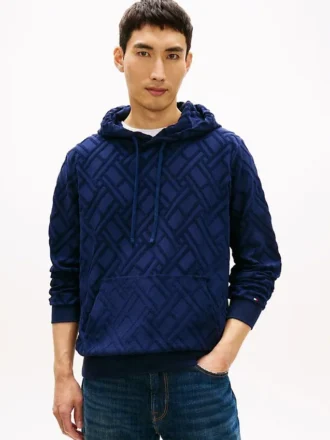 Camisola com capuz em veludo jacquard com logótipo de bandeira por todo o lado