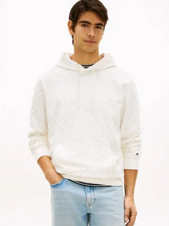 Camisola com capuz em veludo jacquard com logótipo de bandeira por todo o lado
