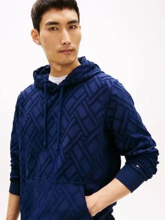 Camisola com capuz em veludo jacquard com logótipo de bandeira por todo o lado