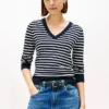 Camisola com decote em V às riscas Camisola com decote em V às riscas