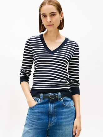 Camisola com decote em V às riscas