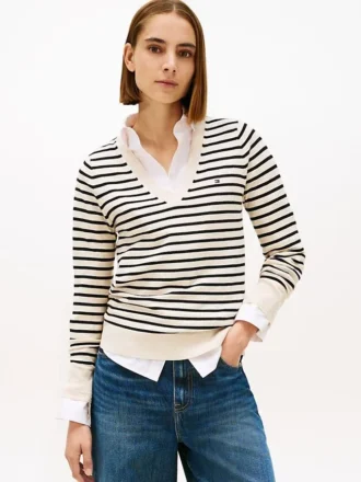 Camisola com decote em V às riscas