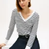 Camisola com decote em V às riscas Camisola com decote em V às riscas