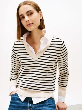 Camisola com decote em V às riscas