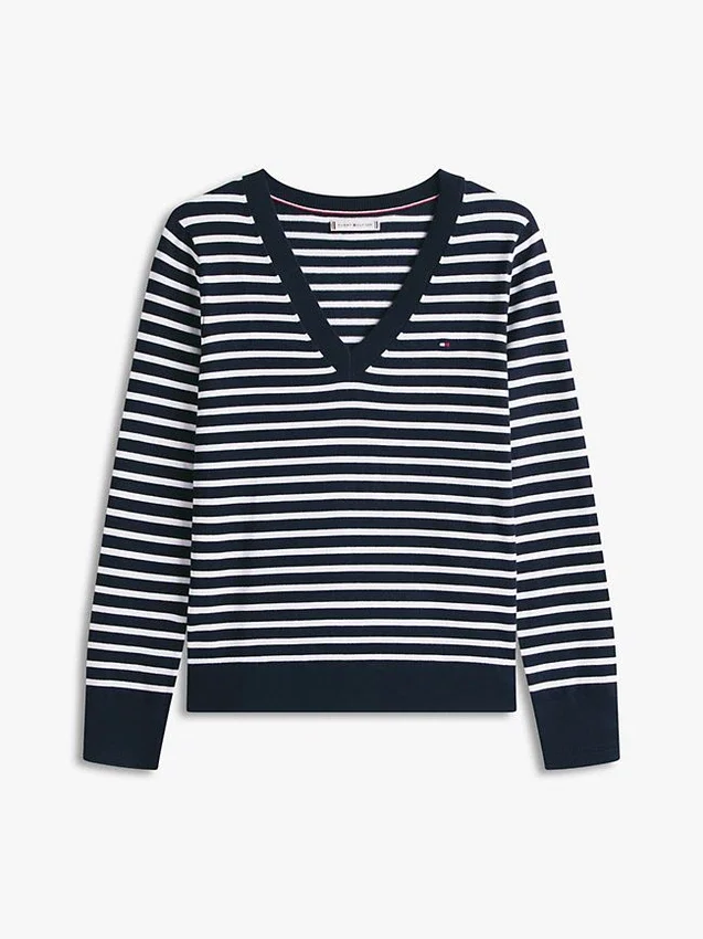 Camisola com decote em V às riscas Camisola com decote em V às riscas