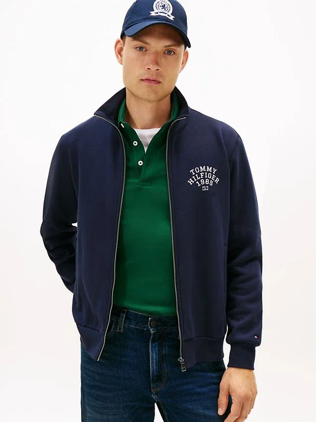 Camisola com fecho em malha polar flexível com logótipo em arco Camisola com fecho em malha polar flexível com logótipo em arco