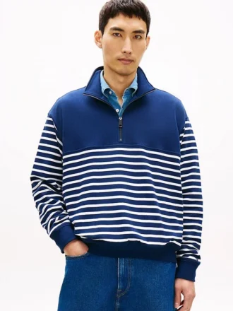 Camisola com zíper de um quarto e riscas