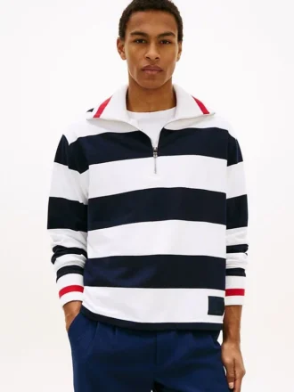 Camisola com zíper de um quarto e riscas bretãs