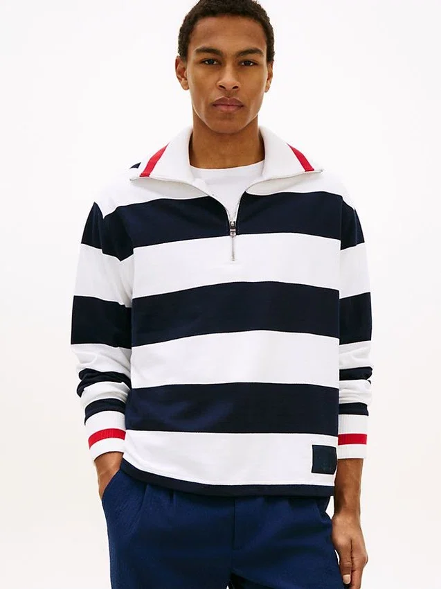 Camisola com zíper de um quarto e riscas bretãs Camisola com zíper de um quarto e riscas bretãs