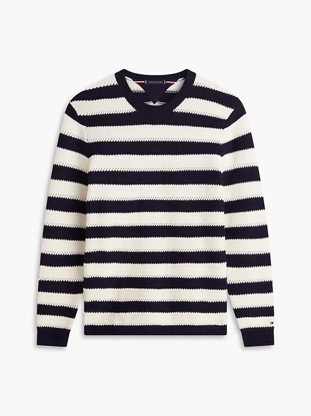 Camisola de croché às riscas com corte descontraído Camisola de croché às riscas com corte descontraído