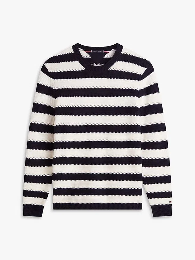 Camisola de croché às riscas com corte descontraído Camisola de croché às riscas com corte descontraído