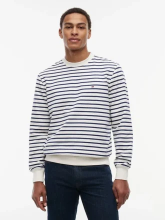 Camisola de gola redonda em felpo às riscas