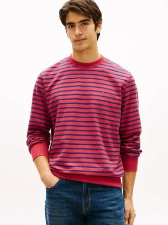 Camisola de gola redonda em felpo às riscas