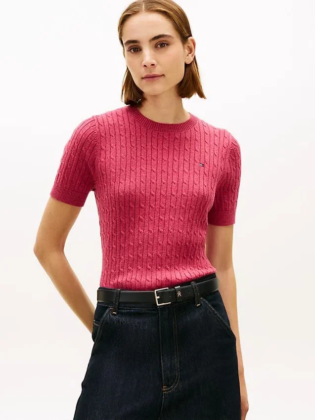 Camisola de malha com tranças de manga curta Camisola de malha com tranças de manga curta