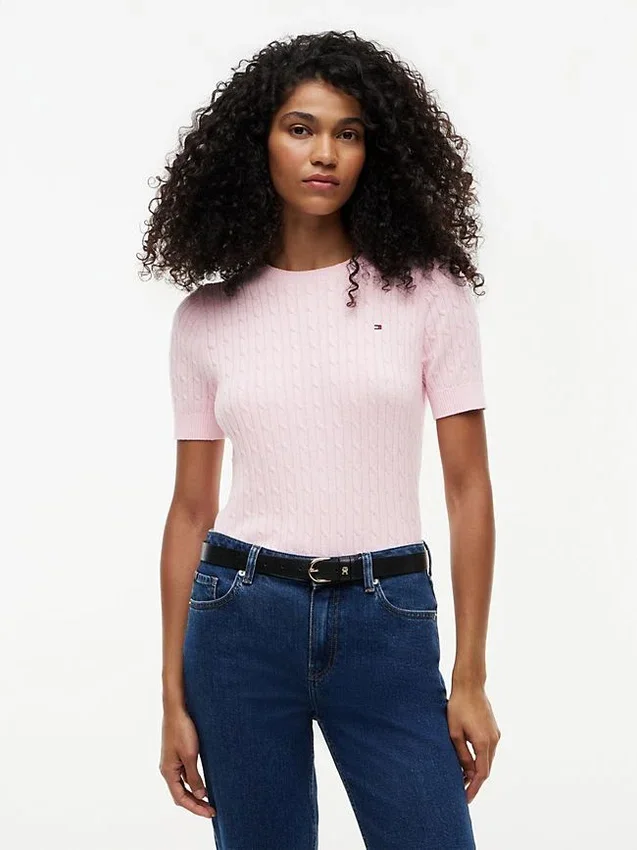 Camisola de malha com tranças de manga curta Camisola de malha com tranças de manga curta