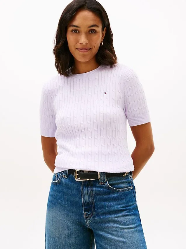 Camisola de malha com tranças de manga curta Camisola de malha com tranças de manga curta