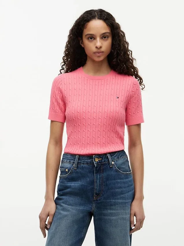 Camisola de malha com tranças de manga curta Camisola de malha com tranças de manga curta