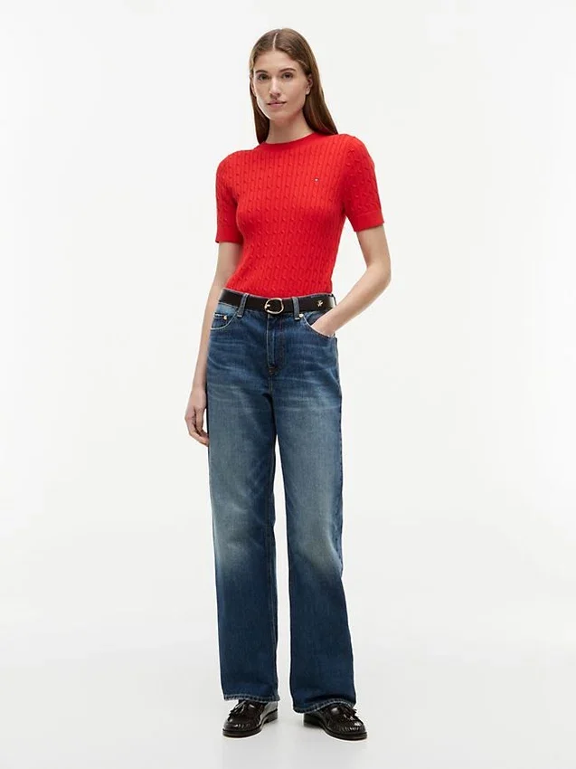 Camisola de malha com tranças de manga curta Camisola de malha com tranças de manga curta