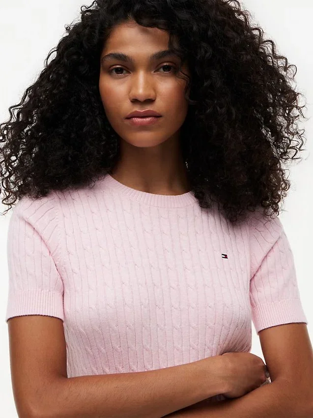 Camisola de malha com tranças de manga curta Camisola de malha com tranças de manga curta