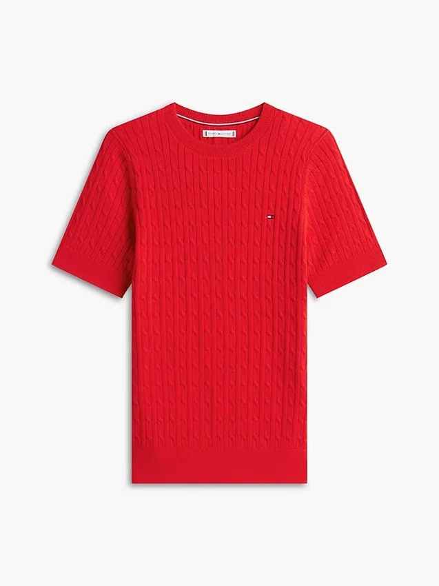 Camisola de malha com tranças de manga curta Camisola de malha com tranças de manga curta