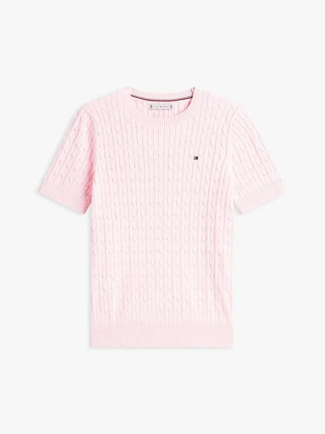 Camisola de malha com tranças de manga curta Camisola de malha com tranças de manga curta