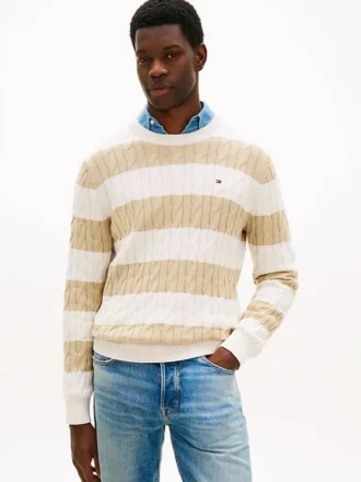 Camisola de malha com tranças e riscas
