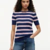 Camisola de malha com tranças e riscas de manga curta Camisola de malha com tranças e riscas de manga curta