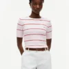 Camisola de malha com tranças e riscas de manga curta Camisola de malha com tranças e riscas de manga curta