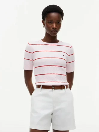 Camisola de malha com tranças e riscas de manga curta