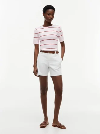 Camisola de malha com tranças e riscas de manga curta
